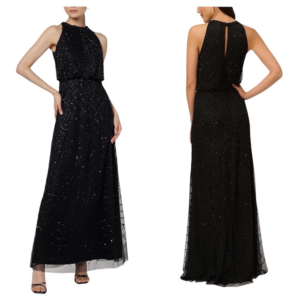 Adriana Papell Black Beaded Evening Gown Size 2 Halter Blouson Elegant Timeless